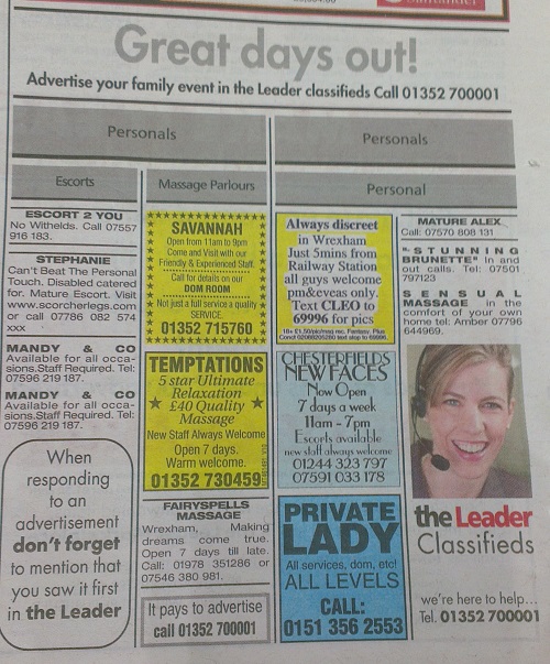 Legal adverts for personal services and massage parlours in todays Leader