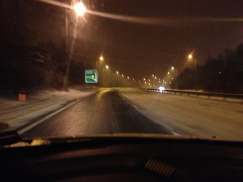 The A483 was down to one icy lane - this is Gresford Hill last night.