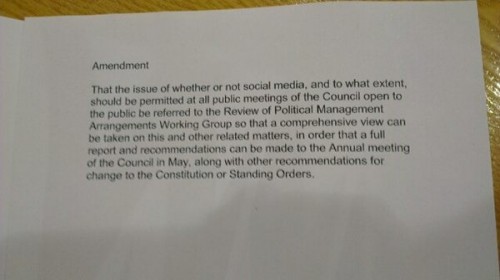 The amendment that we were able to tweet live from the meeting. The taking of a picture seemed revolutionary in parts of the media and the council!