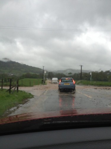 Driving to Llangollen Damien took this picture of the flooded road.