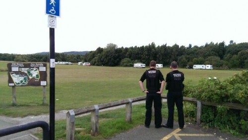 Police survey the playing field as the deadline approached.