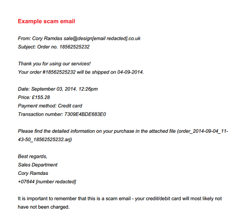 An example of a scam email being issued