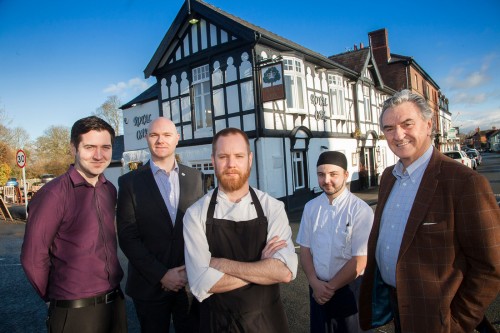Staff from the Royal Oak in Bangor-on-Dee are up for the challenge. L-R; Bar Manager Marc Griffiths, Joe Bickerton Wrexham County Borough Council, Chefs Martin Roberts and Daniel Roberts and Managing Director Andrew Smeaton .