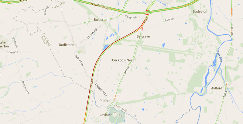 Google Maps showing 'Slow' traffic from Rossett all the way through to the Posthouse Roundabout