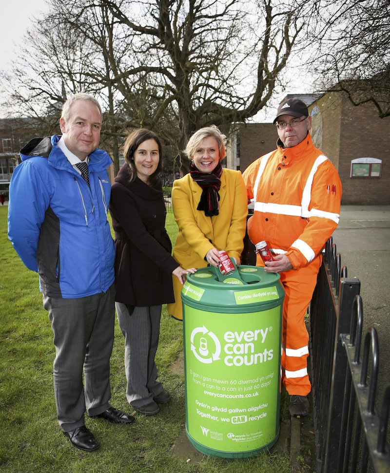Every Can Counts launch in Wrexham.  Pictured: Outside The Guildhall, Wrexham. Catherine Golightly, Wrexham County Borough Council, David Bithell, Cllr, Diana Caldwell – Alupro and Every Can Counts and Paul Jones a street scene operator