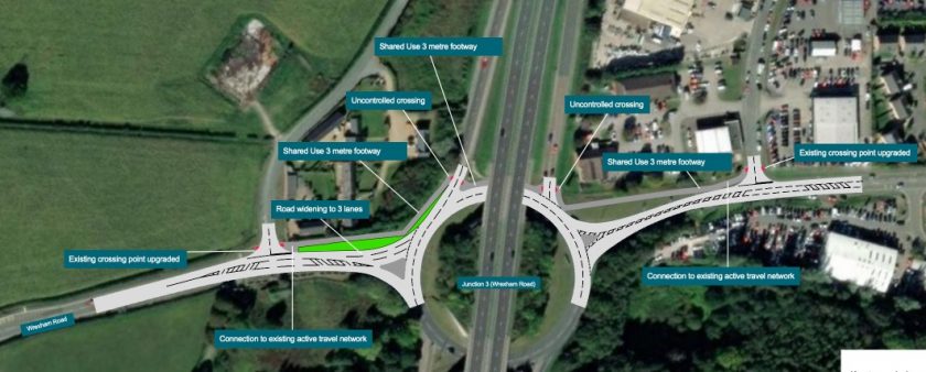 Junction 3 by Rhostyllen will see an additional “flare lane” on the B5605 approach to the roundabout, plus “active travel improvements for east/west access.”