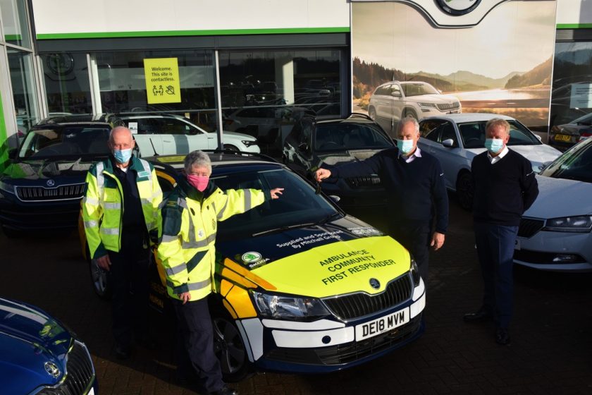 Community First Responders Adam Salomonson and Effie Cadwallader of Wrexham Rural Community First Responders group receiving the keys to the Skoda Fabia from Mitchell Group`s Brand Manager Richard Macklin and Managing Director Mark Mitchell 