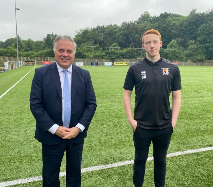 2) Simon Baynes MP and Joe Allman (Captain of the U19s Cefn Druids Football Team) at The Rock in Rhosymedre on Friday 30th July 2021