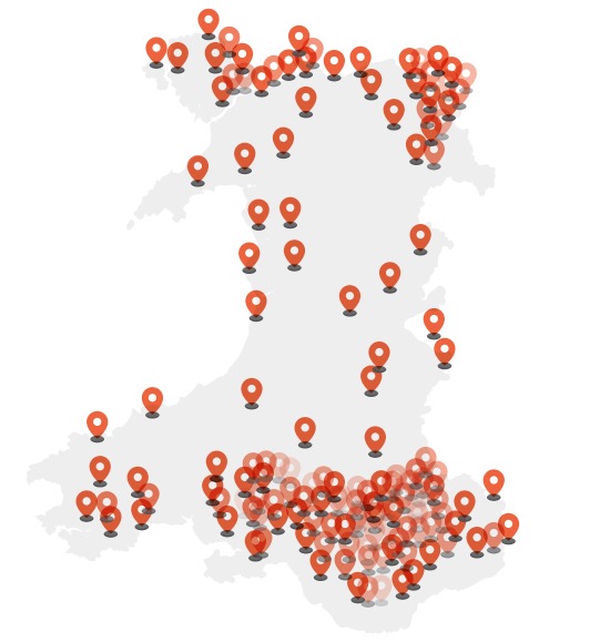From the report - the 192 places in Wales with 2,000 or more residents