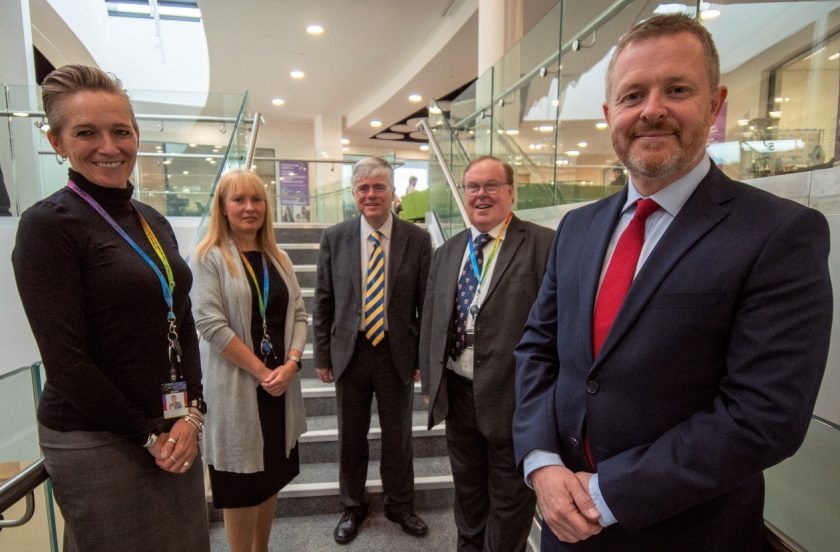 Cambria’s Chief Executive Yana Williams, Principal Sue Price, Vice Chancellor of Bangor University, Professor Iwan Davies, Cambria Governor, Professor Tim Wheeler, and Jeremy Miles MS, Minister for Education and Welsh Language.